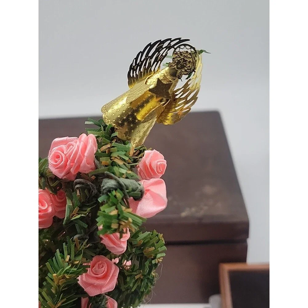 Vtg Pink Satin Rose Mini Christmas Tree With Gold Angel Topper Tiny House Small